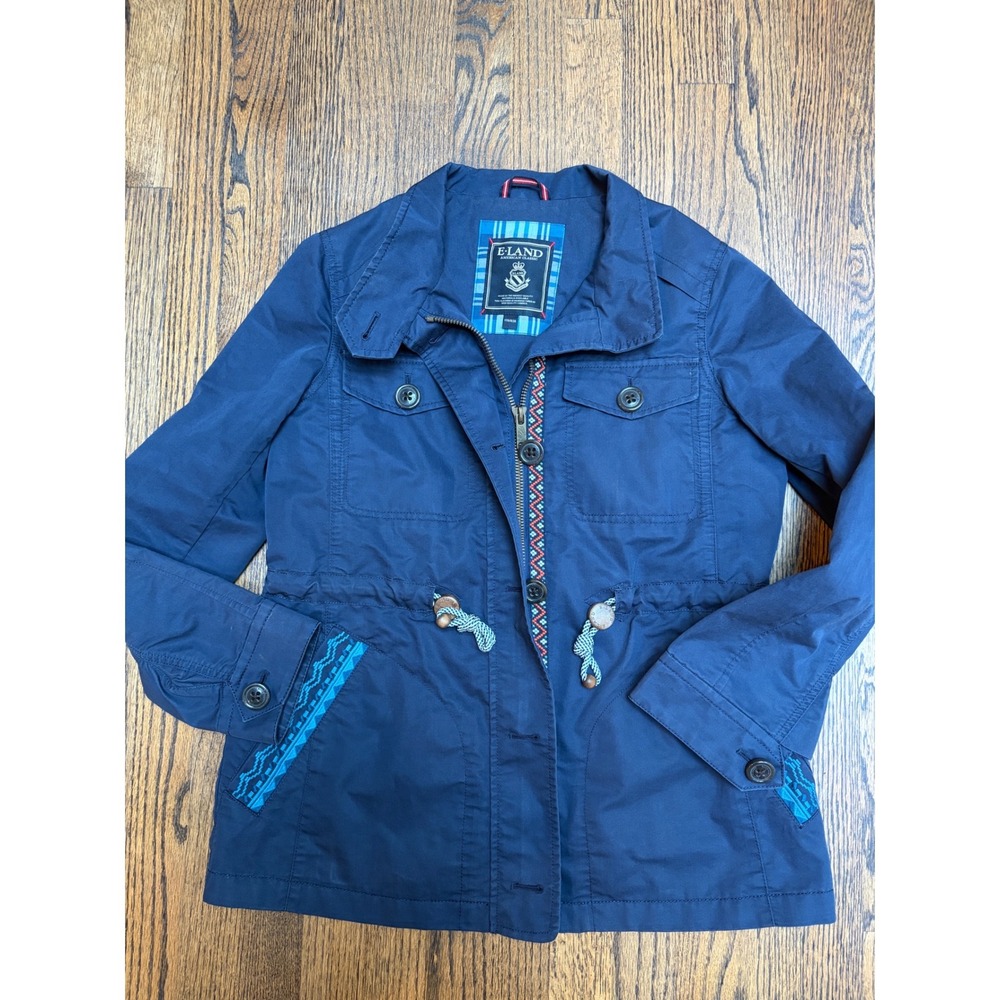 E-Land Utility Jacket Medium Navy Blue Embroidered Gorpcore Folk Americana